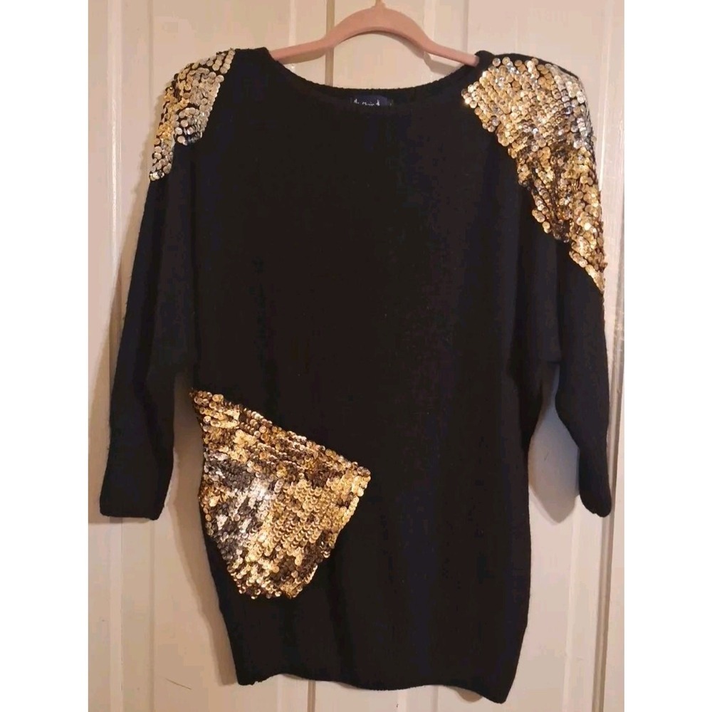 Le Chois Vintage 80s Silk Angora Sequin Sweater Black Gold Silver‎ Glam Large